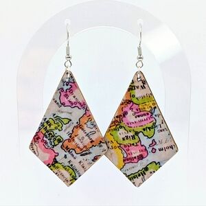 Handmade Map Print Earrings, Decoupaged on Wood
